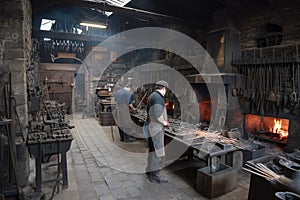 foundry workshop, with blacksmiths and apprentices working on metalwork