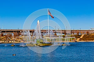 The Fountain with an American flag at the Heartland of America Park
