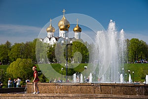Fountain and Assumption Cathedral of the Russian orthodox church, Yaroslavl