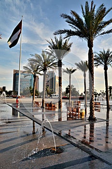 The fountain on the background of skyscrapers in Abu Dhabi