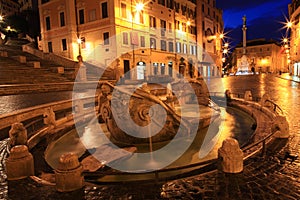 Fountain Barcaccia at night, Rome, Italy