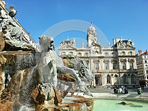 The fountain Bartholdi and the Lyon city hall, Lyon, France