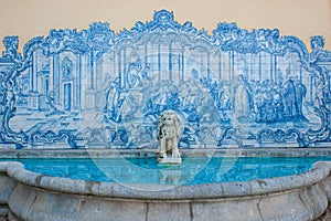 Fountain with blue tiles in Park Marechal Carmona, Cascais near Lisbon, Portugal