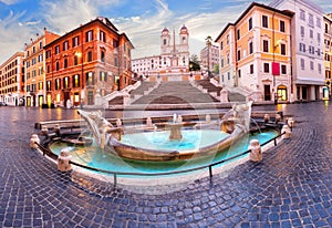 Fountain of the Boat at sunrise by the Spanish Steps, Rome, Italy