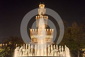 Fountain of Castello Sforzesco in the night