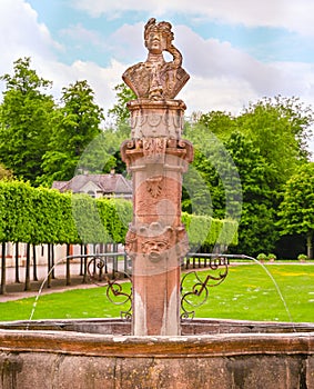 Fountain of Castle Favorite baroque hunting lodge near Baden Baden, Baden Wuerttemberg, Germany