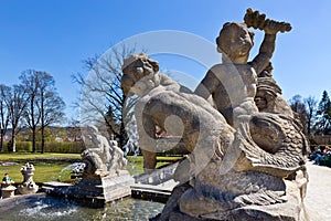 Fountain in castle garden, Cesky Krumlov town UNESCO, South Bohemia, Czech republic, Europe