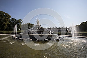 Fountain in the castle gardens, Insel Herrenchiemsee island, Chiemsee lake, Bavaria, Germany