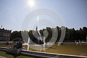 Fountain in the castle gardens, Insel Herrenchiemsee island, Chiemsee lake, Bavaria, Germany