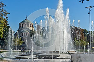 Fountain in the center of Pleven and St. George the Conqueror Chapel Mausoleum, Bulgaria