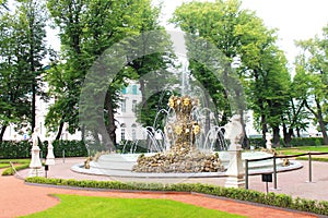 Fountain in the central alley in the park of summer gardens.