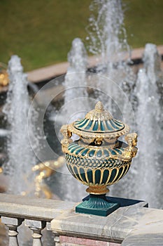 Fountain complex Grand Cascade. Decorative vase on the background of fountain jets. Close-up