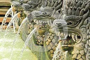 Fountain of dragon statues at Bali hot springs in Indonesia