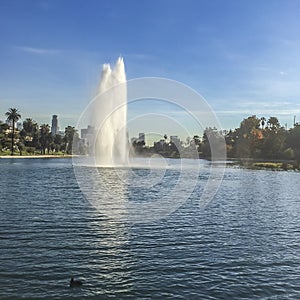 Fountain and Echo park lake view,