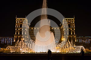 Fountain on the embankment in Baku city. Government house