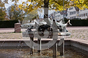 Fountain with fishes at a marketplace in freudenstadt