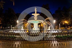 Fountain at Forsyth Park at night, in Savannah, Georgia.