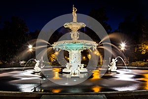 Fountain at Forsyth Park at night, in Savannah, Georgia.