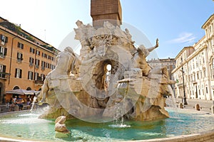 Fountain of the Four Rivers close up on the famous Piazza Navona Square in Rome, Italy