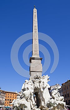 Fountain of the Four Rivers Fontana dei Quattro Fiumi with Egyptian obelisk. Italy. Rome. Navon Square Piazza Navona.