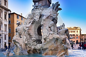 Fountain of the Four Rivers on Piazza Navona. Ancient fountain, statues, obelisk design of Bernini. Famous landmark touristic