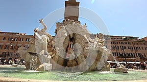 Fountain of the Four Rivers on Piazza Navona in Rome Italy. Fountain of the Four River Slow motion