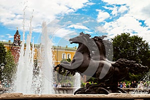 Fountain `Four Seasons`, located on the Manege Square. Statues of four frolicking horses. Moscow city center.