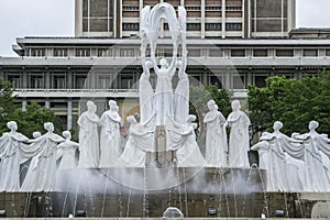Fountain in front of the Grand People`s Study House, Pyongyang, North Korea