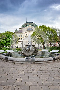 Fountain in front of State Theatre at Main square in Kosice SLOVAKIA