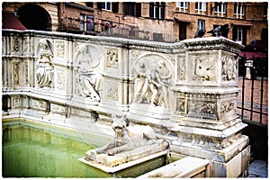Fountain of Gaia, located on Piazza del Campo, Siena, Tuscany, Italy with beautiful sculptures by Jacopo della Quercia
