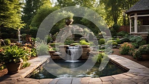 fountain in the garden Fantasy backyard landscaping with a patio, a waterfall, a pond, a garden, trees, plants,