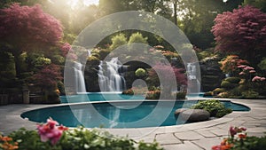 fountain in the garden Fantasy swimming pool with a waterfall of magic, with a landscape of enchanted trees and flowers