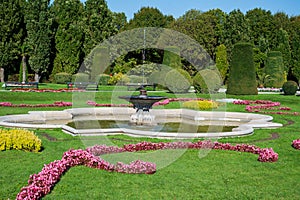 Fountain in the garden with lawn, flowers and ornamental shrubs