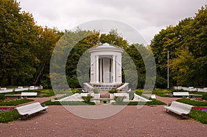 The fountain, gazebo and flower bed