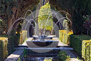 Fountain in Generalife gardens at Alhambra palace, Granada, Spain