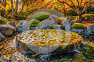 Fountain of gold coins raining in park