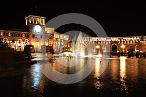 Fountain at the Government of the Republic of Armenia at night,