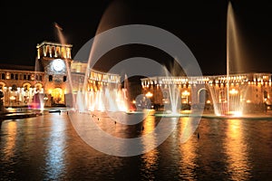 Fountain at the Government of the Republic of Armenia at night,