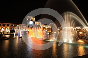 Fountain at the Government of the Republic of Armenia at night,