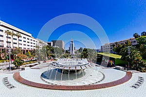 Fountain in Grand Park, and Los Angeles City Hall