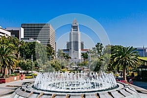 Fountain in Grand Park, and Los Angeles City Hall