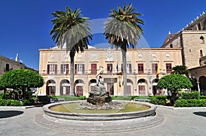 Fountain in Guglielmo Square in Monreale in front of Monreale Cathedral Duomo di Monreale near Palermo Sicily Italy Europe