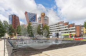 Fountain and high rised buildings central Klaipeda