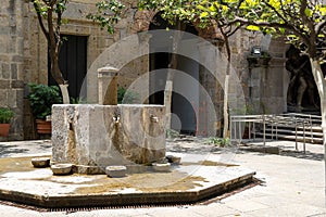 fountain inside old stone house surrounded by greenery, central courtyard, latin america