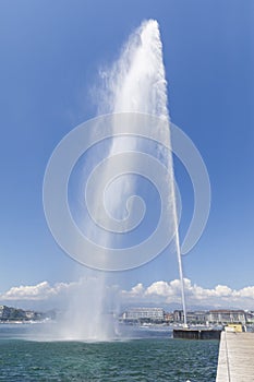 Fountain Jet d`ea at the end of pier in lake Geneva, Switzerland