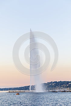 Fountain Jet d`eau at sunset in Geneva, Switzerland