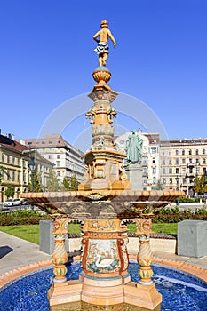 Fountain on Jozsef Nador square in center of Budapest, Hungary