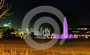 The fountain and lake of the Heartland of America Park Omaha and the Harrah Casino Council Bluffs Iowa.