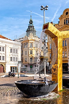 Fountain on the Market square in Pilsen, Czech republic. Altstadt von Pilsen, Tschechien