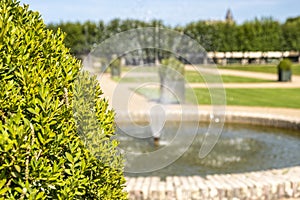 Fountain in the middle of famous renaissance park in chateau Villandry, Loire region, France.